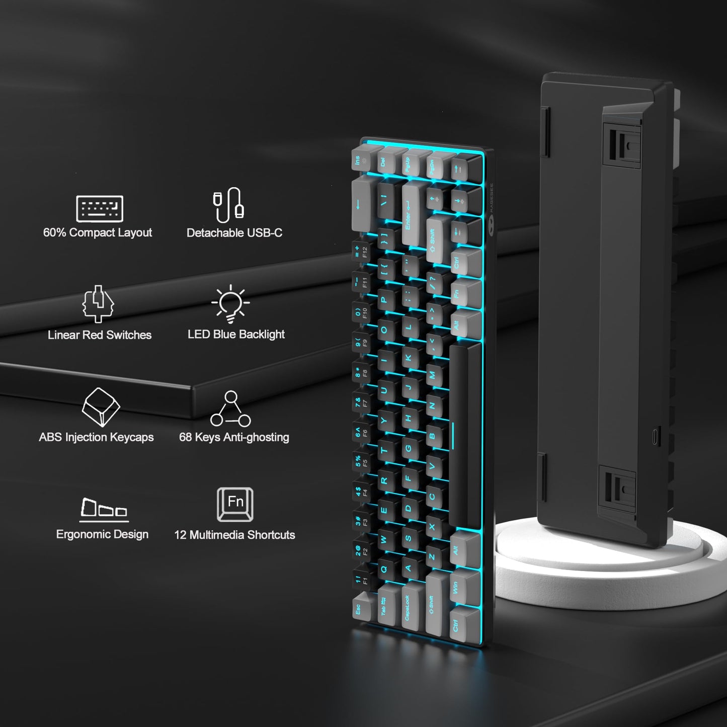 MageGee Portable 60% Mechanical Gaming Keyboard, MK-Box LED Backlit Compact 68 Keys Mini Wired Office Keyboard with Red Switch for Windows Laptop PC Mac - Black/Grey