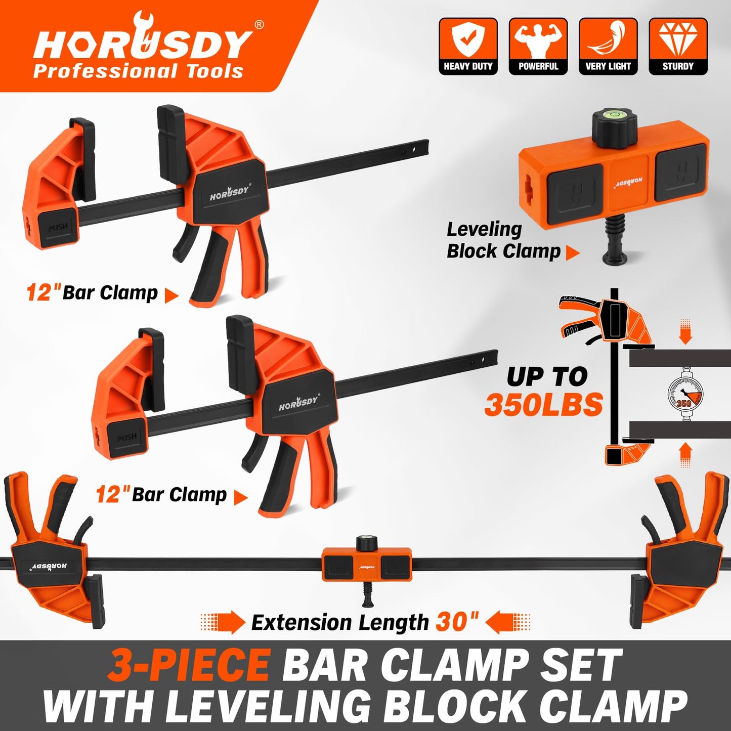 HORUDSY 3-Pack 12-Inch Bar Clamps Set with Leveling Block Clamps, Heavy Duty 350LBS Load, One-Handed Quick Grip Woodworking Clamps, Expandable Spreader with Connector