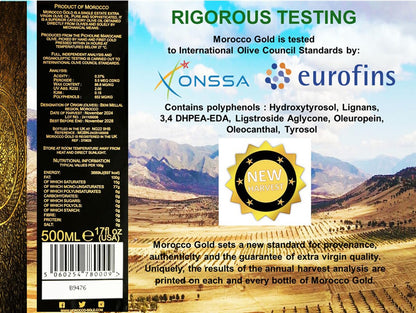 Morocco Gold New Harvest Extra Virgin Olive Oil Early Harvest – Cold Pressed – Polyphenol Rich 652mg/kg EVOO Fresh Harvest Pure and Natural. 500ml/17 Fl Oz