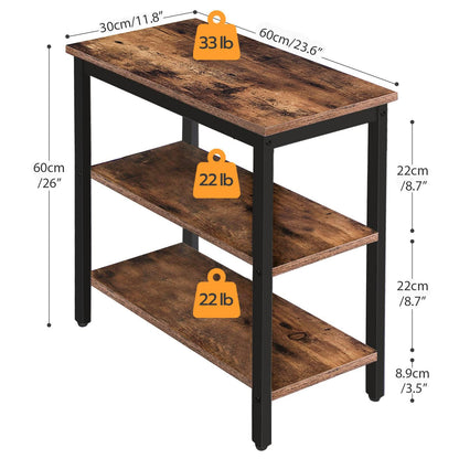 HOOBRO End Table, Simple Rustic Side Table with 3-Tier Storage Shelf, Narrow Nightstand for Small Spaces, for Living Room, Bedroom,Easy Assembly, Industrial Design, Rustic Brown and Black BF14BZ01