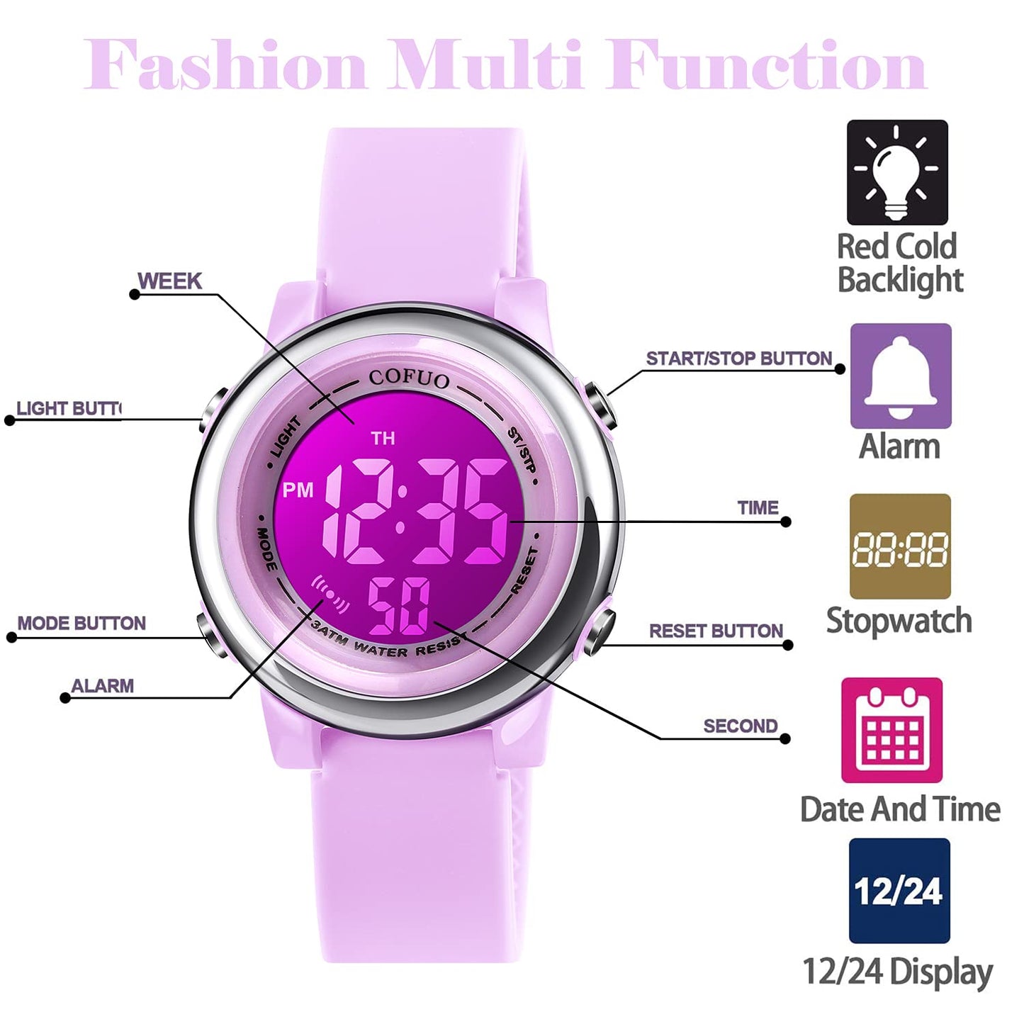 Kids Digital Sport Waterproof Watch for Girls Boys, Kid Sports Outdoor LED Electrical Watches with Luminous Alarm Stopwatch Child Wristwatch 3-12 Years