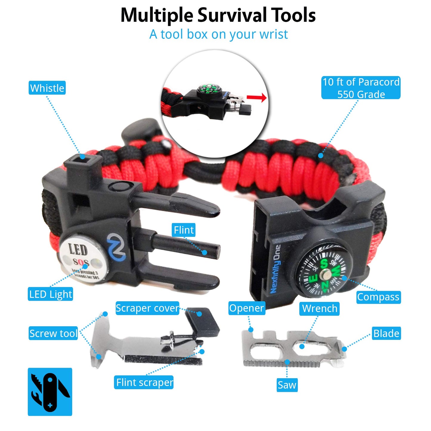 Nexfinity One Survival Paracord Bracelet - Tactical Emergency Gear Kit with SOS LED Light, 550 Grade, Adjustable, Multitools, Fire Starter, Compass, and Whistle - Set of 2 (Red)