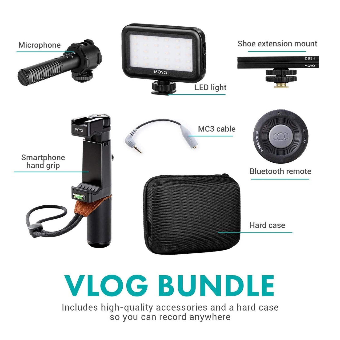 Movo Vlog Kit V7 - YouTube Starter Kit with Grip, Stereo Microphone, Light and Wireless Remote Vlogging Kit for iPhone for YouTube, TikTok, Vlogging Equipment for iPhone/Android - iPhone Vlogging Kit