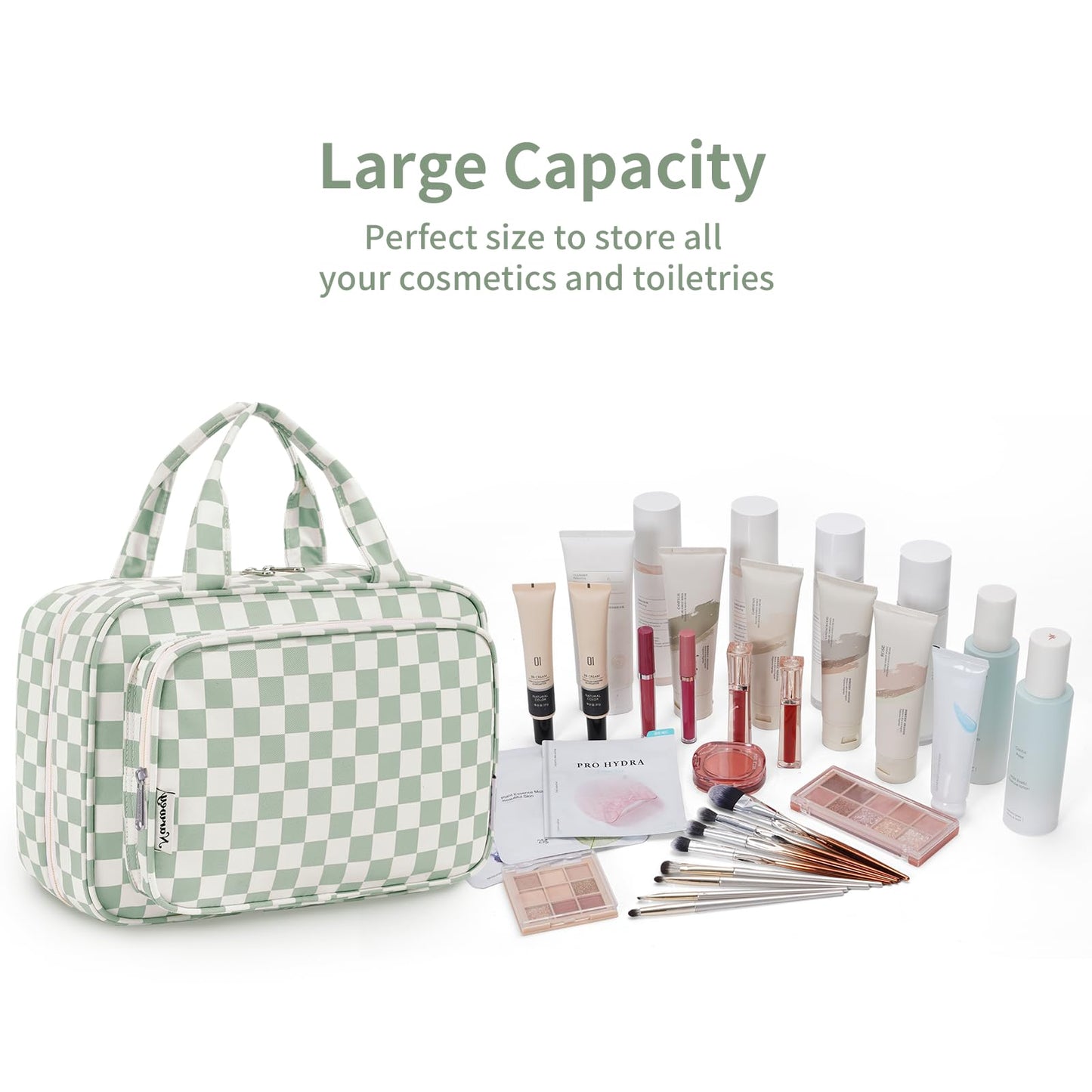 Narwey Travel Toiletry Bag for Women Large Hanging Makeup Bag Organizer Toiletries Bag for Full Size Essentials Accessories Cosmetics (Mint Green Checkerboard (Large))