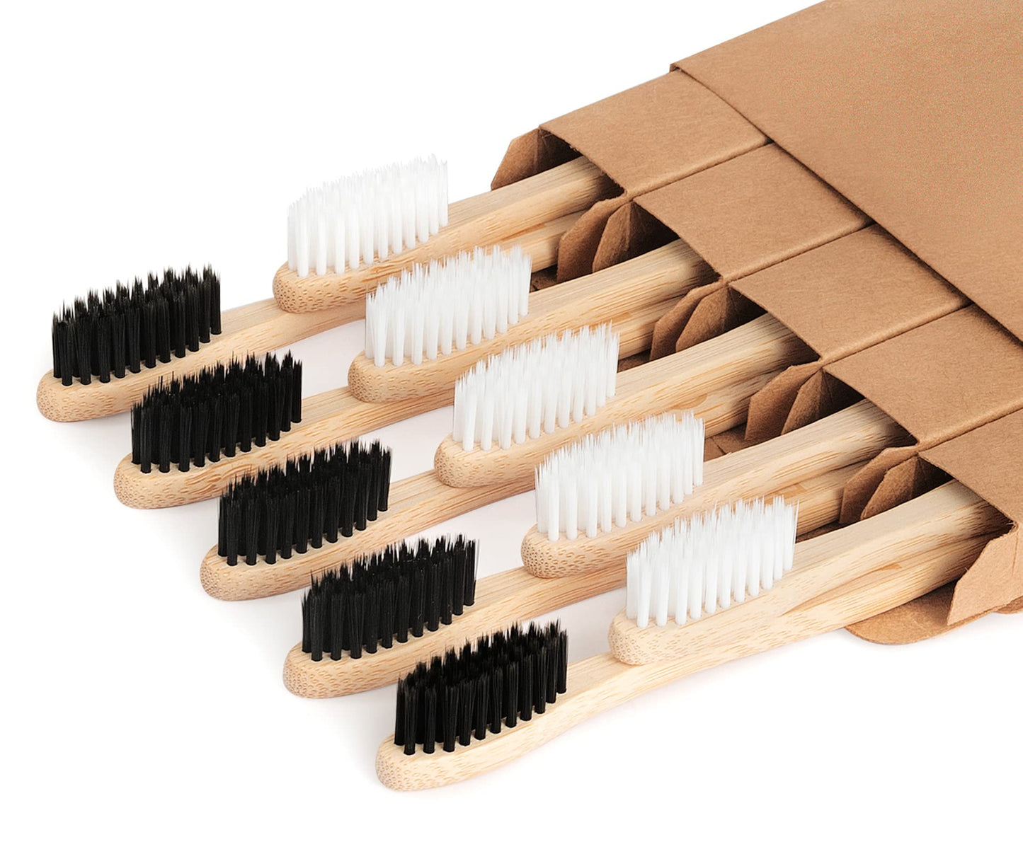 NUDUKO Biodegradable Bamboo Toothbrushes, 10 Piece BPA Free Soft Bristles Toothbrushes, Natural, Eco-Friendly, Green and Compostable
