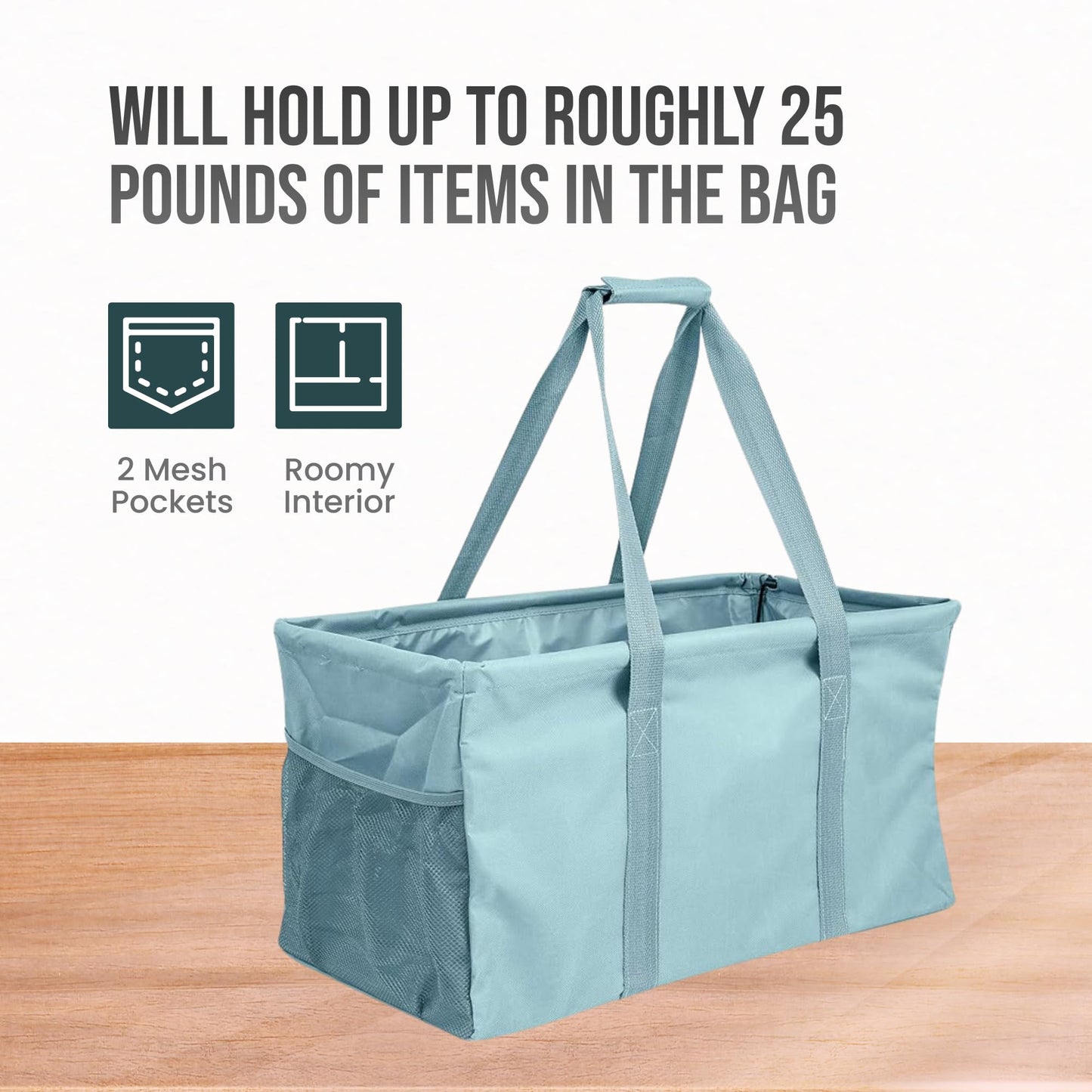 Lucazzi Extra Large Utility Tote Bag - Oversized Collapsible Reusable Wire Frame Rectangular Canvas Basket With Two Exterior Pockets For Beach, Pool, Laundry, Car Trunk, Storage - Light Blue