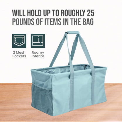 Lucazzi Extra Large Utility Tote Bag - Oversized Collapsible Reusable Wire Frame Rectangular Canvas Basket With Two Exterior Pockets For Beach, Pool, Laundry, Car Trunk, Storage - Light Blue
