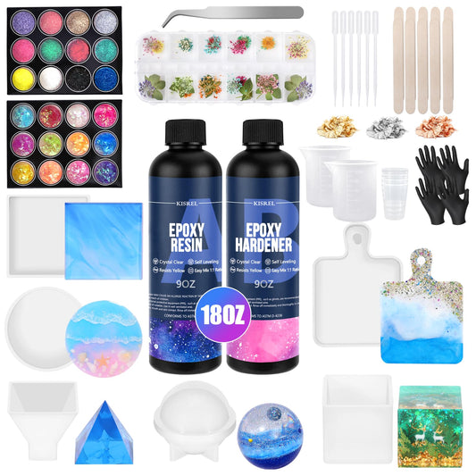 KISREL Epoxy Resin Kit for Beginners, Resin Kit with Molds, 18OZ Epoxy Kit with Dried Flowers, Measuring Cups and Resina Supplies