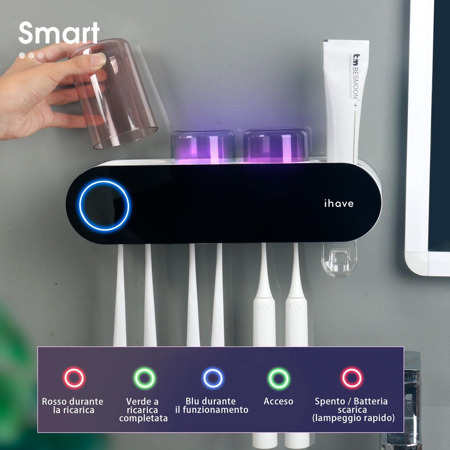 iHave Toothbrush Holders for Bathrooms, UV Toothbrush Sanitizer and Holder Smart Home Bathroom Accessories, 3 Cups Electric Toothbrush Holder Wall Mounted with Toothpaste Dispenser Bathroom Decor