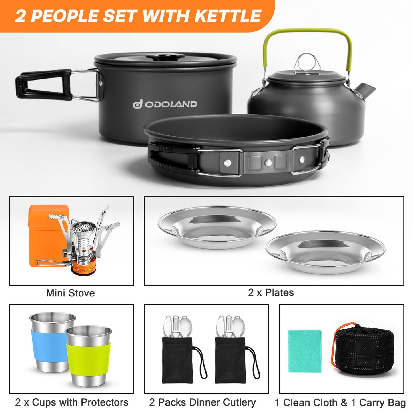 Odoland 16pcs Camping Cookware Set with Folding Camping Stove, Non-Stick Lightweight Pot Pan Kettle Set with Stainless Steel Cups Plates Forks Knives Spoons for Camping Backpacking Outdoor Picnic