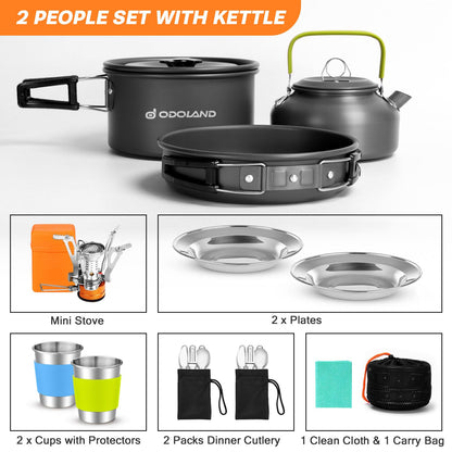 Odoland 16pcs Camping Cookware Set with Folding Camping Stove, Non-Stick Lightweight Pot Pan Kettle Set with Stainless Steel Cups Plates Forks Knives Spoons for Camping Backpacking Outdoor Picnic