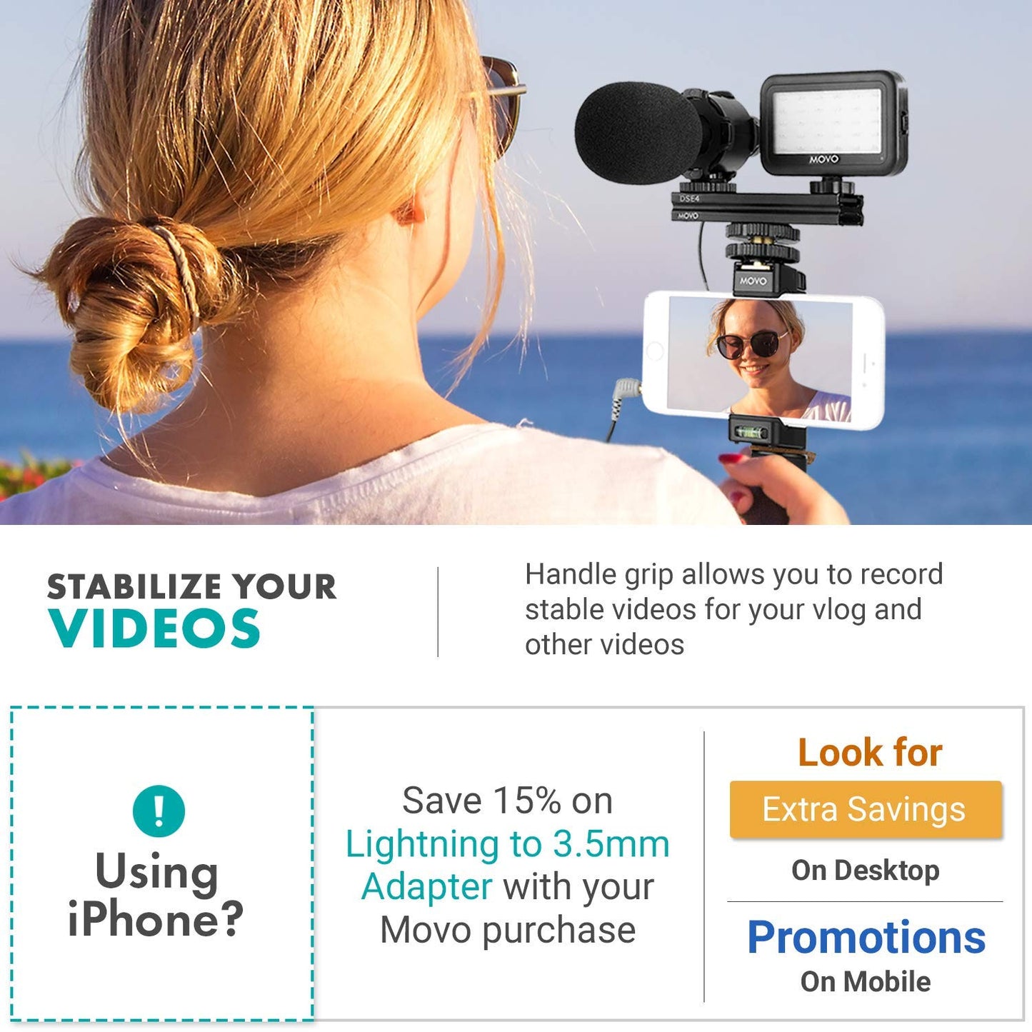 Movo Vlog Kit V7 - YouTube Starter Kit with Grip, Stereo Microphone, Light and Wireless Remote Vlogging Kit for iPhone for YouTube, TikTok, Vlogging Equipment for iPhone/Android - iPhone Vlogging Kit