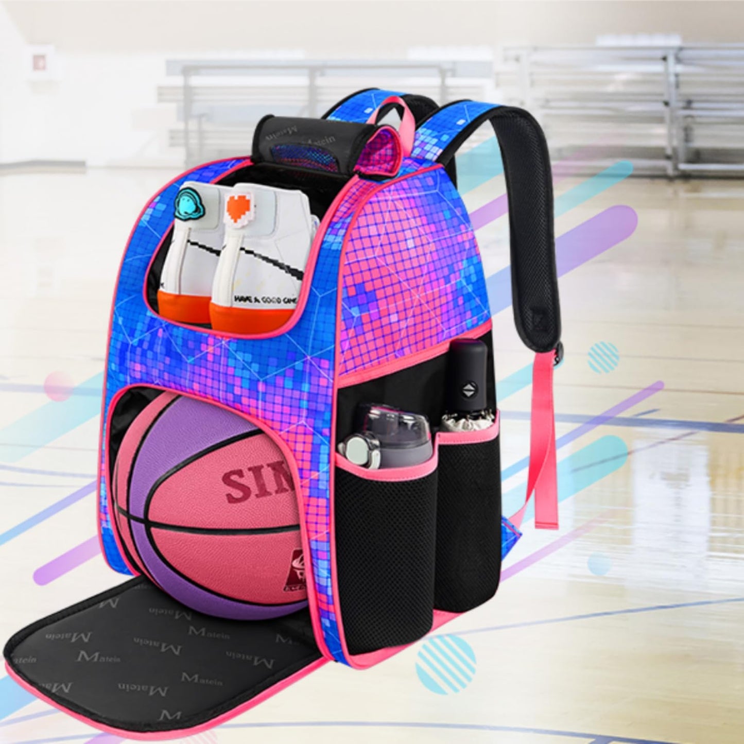 MATEIN Basketball Bag, Sturdy Soccer Bag with Ball Holder & Shoe Compartment, Large Basketball Backpack for Training Equipment, Water Resistant Sports Ball Backpack Fits Volleyball Football, Colorful