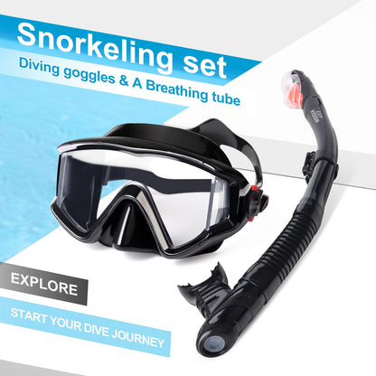Snorkel Set Pano 3 Window Adult Snorkeling Gear, Professional Snorkel Goggles Anti-Fog Diving Mask, Anti-Leak Swim Goggles and Dry Top Snorkel for Diving, Snorkeling, Swimming (Black)