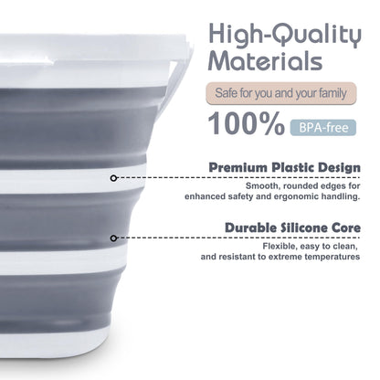 Goderewild Collapsible Bucket, 2.6 Gallon (10L) - Square Foldable Mop Bucket for House Cleaning, Car Washing, Camping - Portable Water Pail for Outdoor, RV, Travel (Grey)