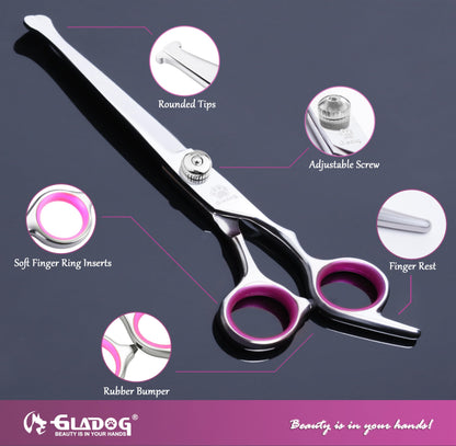 GLADOG Dog Grooming Scissors Kit with Safety Round Tips, Professional 6 in 1 Grooming Scissors for Dogs, Sharp and Heavy-duty Dog Grooming Shears for Dogs Cats Pets (Pink)