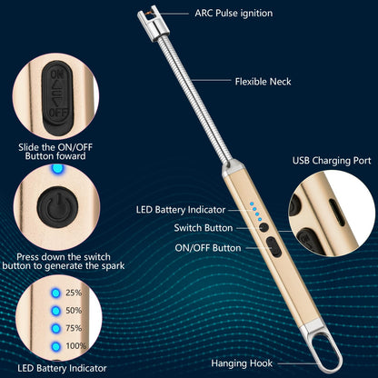 MEIRUBY Lighter Electric Candle Lighter Birthday Women's Day Gifts for Women Mom Wife Men, Long Electronic Rechargeable USB Lighter Arc Windproof Flameless Lighters for Candle Camping BBQ (Gold)