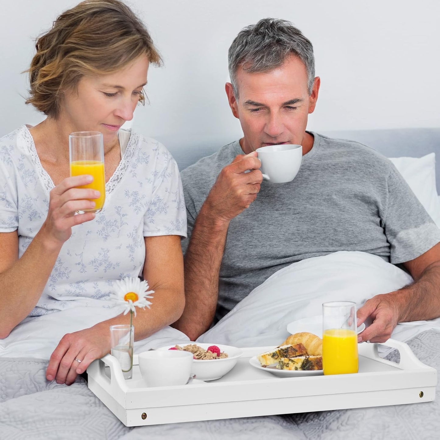 Mayyol Large Breakfast Bed Tray for Eating - Height Adjustable Raised Food Table - Bamboo Serving Tray on Lap Sofa - Portable Snack Platter with Folding Legs Ideal for Bedroom Picnic - White