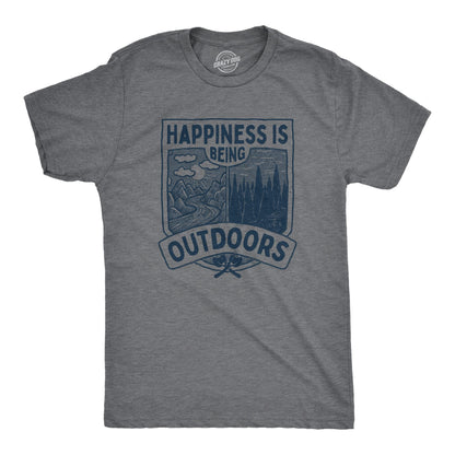 Funny Camping Shirt for Men – Happiness is Being Outdoors Tee with Mountain Trail Graphic – Grey Novelty Hiking Shirt – Nature Quote Tee for Outdoor Adventure Lovers - Grey XL