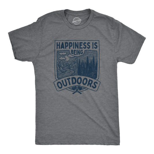 Funny Camping Shirt for Men – Happiness is Being Outdoors Tee with Mountain Trail Graphic – Grey Novelty Hiking Shirt – Nature Quote Tee for Outdoor Adventure Lovers - Grey XL