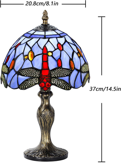 MIAOKE Stained Glass Table Lamp,Stained Glass Crystal Bead Style Table Light, Handmade Desk Bedside Night Light, Antique Art Craft Gifts Lover Living Room Bedroom Bookcase(Blue Dragonfly)