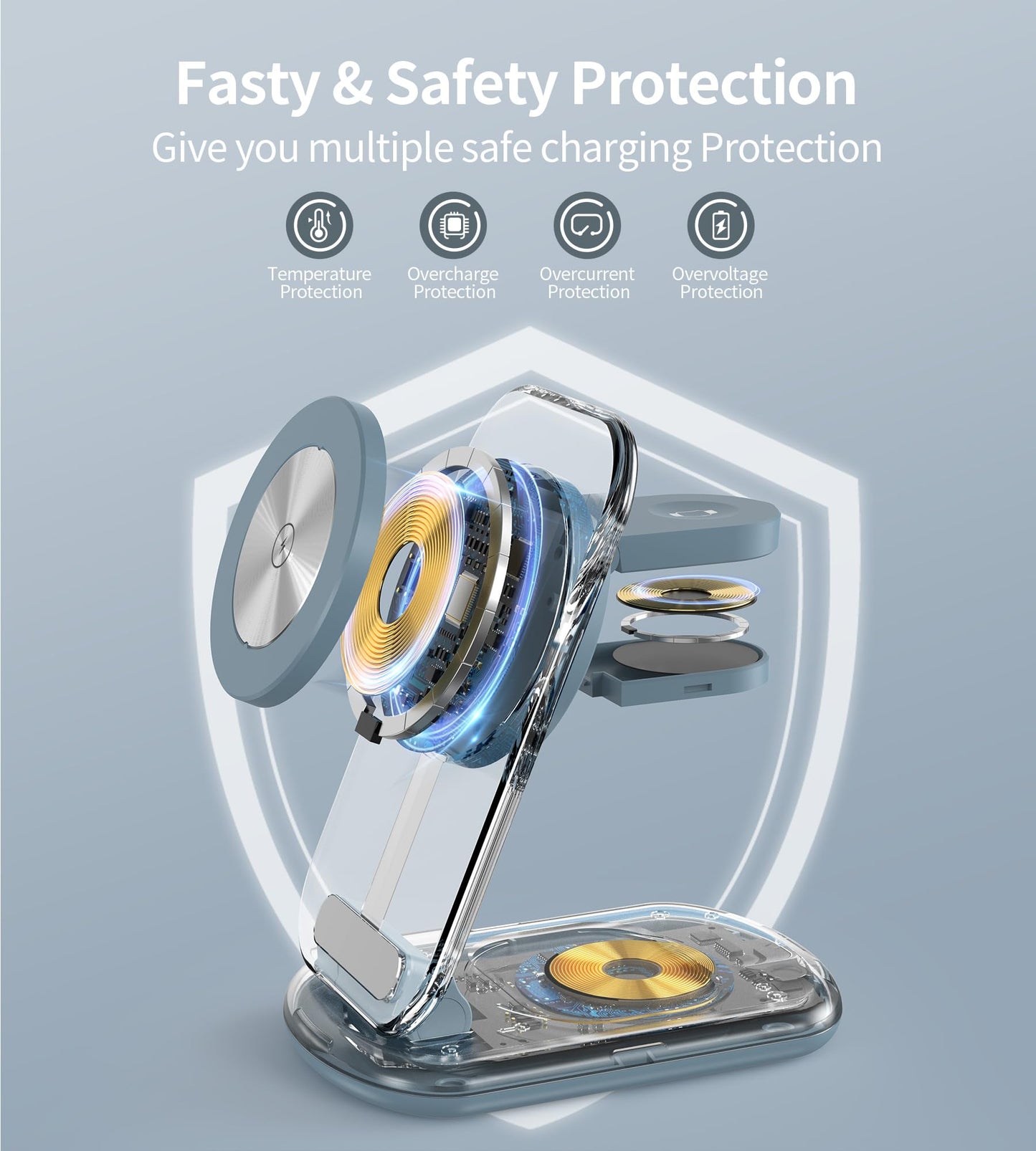 3 in 1 Magnetic Wireless Charging Station for Apple Devices, Fast Foldable Travel Mag-Safe Charger Stand with Night Light for iPhone 16 15 14 13 12 Series, Apple Watch/AirPods Pro,LB