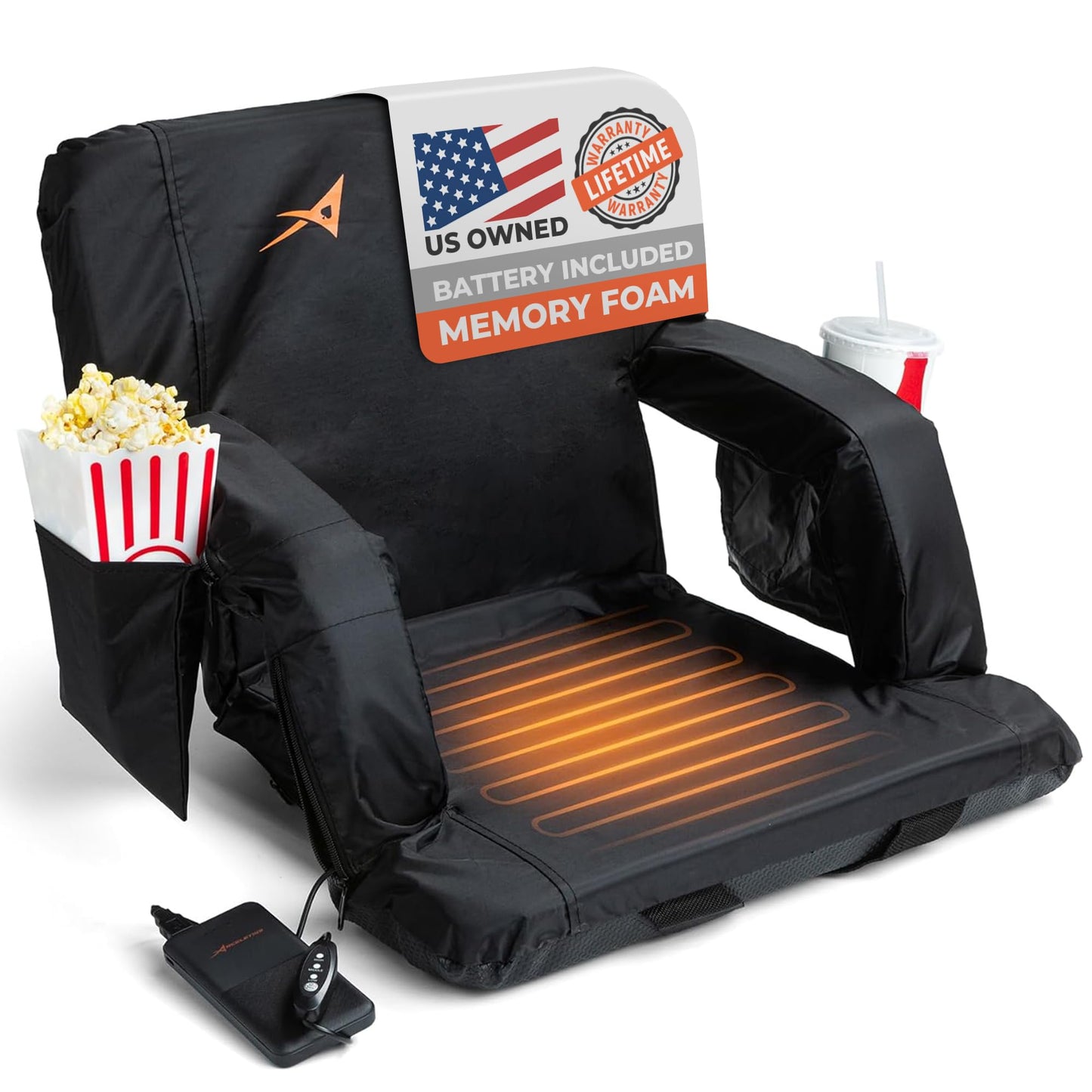 Heated Stadium Seats for Bleachers with Back Support – USB Battery Included - Upgraded 3 Levels of Heat - Foldable Chair - Cushioned, 4 Pockets for Snacks, Cup Holder - for Camping, Games & Sports