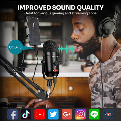 Podcast & Gaming USB Microphone Kit - Condenser Mic for Phone, Pad, PS4, Computer & Laptop (Noise Cancelling, ASMR, YouTube, Streaming)