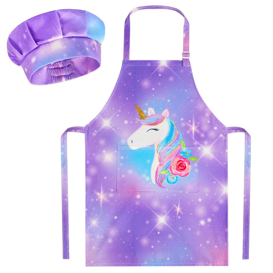 MHJY Kids Apron and Chef Hat Set, Child Aprons for Cooking Baking Painting Cute Toddler Girls Apron with Pockets 3-12 Years