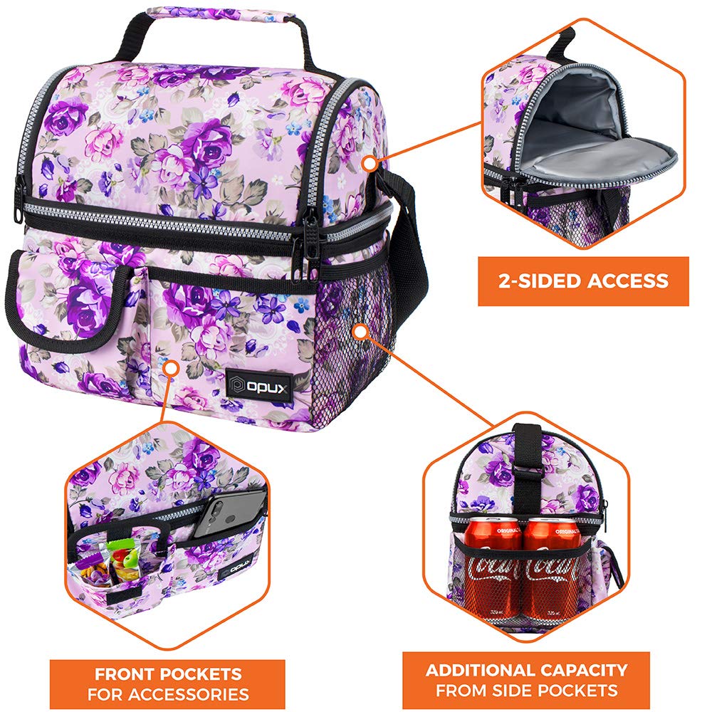 opux Lunch Bag Women Insulated, Adult Lunch Box Cooler, Flower Lunch Box, Dual Compartment Lunchbox for Work, Leakproof Double Decker Lunch Bag, Soft Lunch Pail Tote Girls Kids School, Floral Purple
