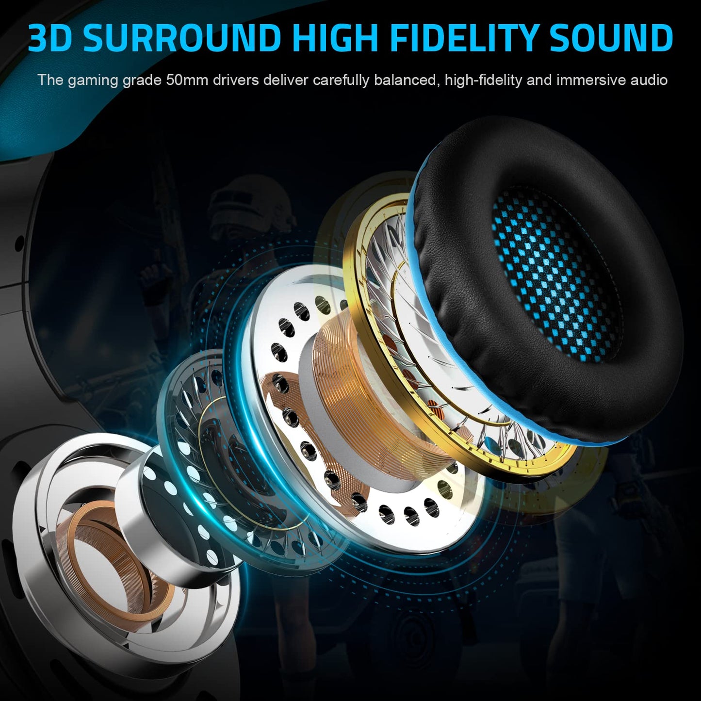 Gaming Headset with Microphone for PC, PS4, PS5, Headset Noise Cancelling Gaming Headphones for Switch, Laptop, Mac, Xbox Series X/S, Headphones with LED Lights, Deep Bass for Kids Adults, Black Blue