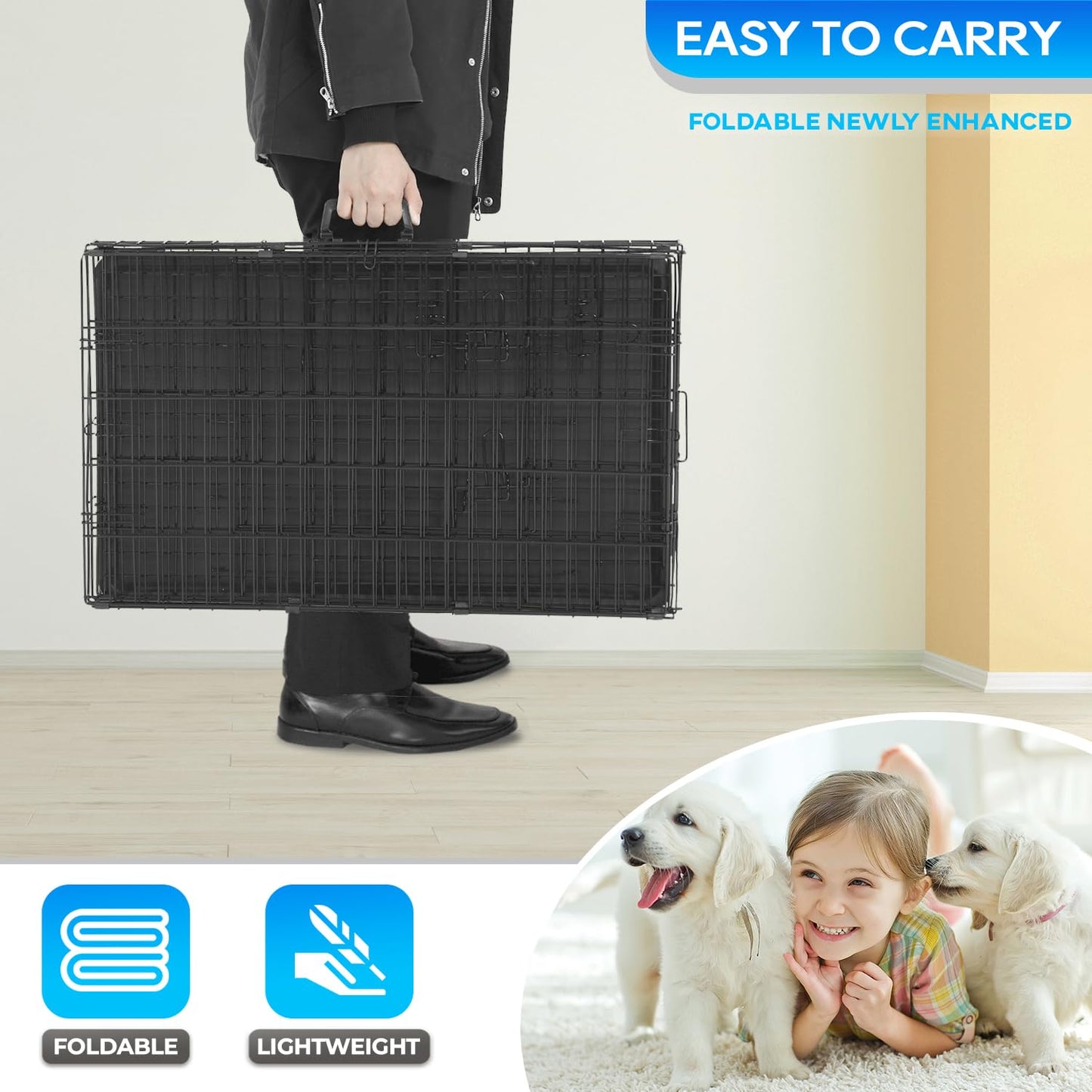 FDW Dog Crate for Small Dogs 18 Inch Folding Metal Wire Pet Cage Single Door W/Divider Panel Indoor Outdoor Kennel Leak-Proof Plastic Tray,Black