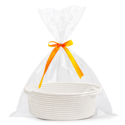 Pro Goleem Small Woven Basket with Gift Bags and Ribbons Durable Baskets for Halloween Gifts Empty Small Rope Basket for Storage 12"X 8" X 5" Baby Toy Baskets with Handles, White