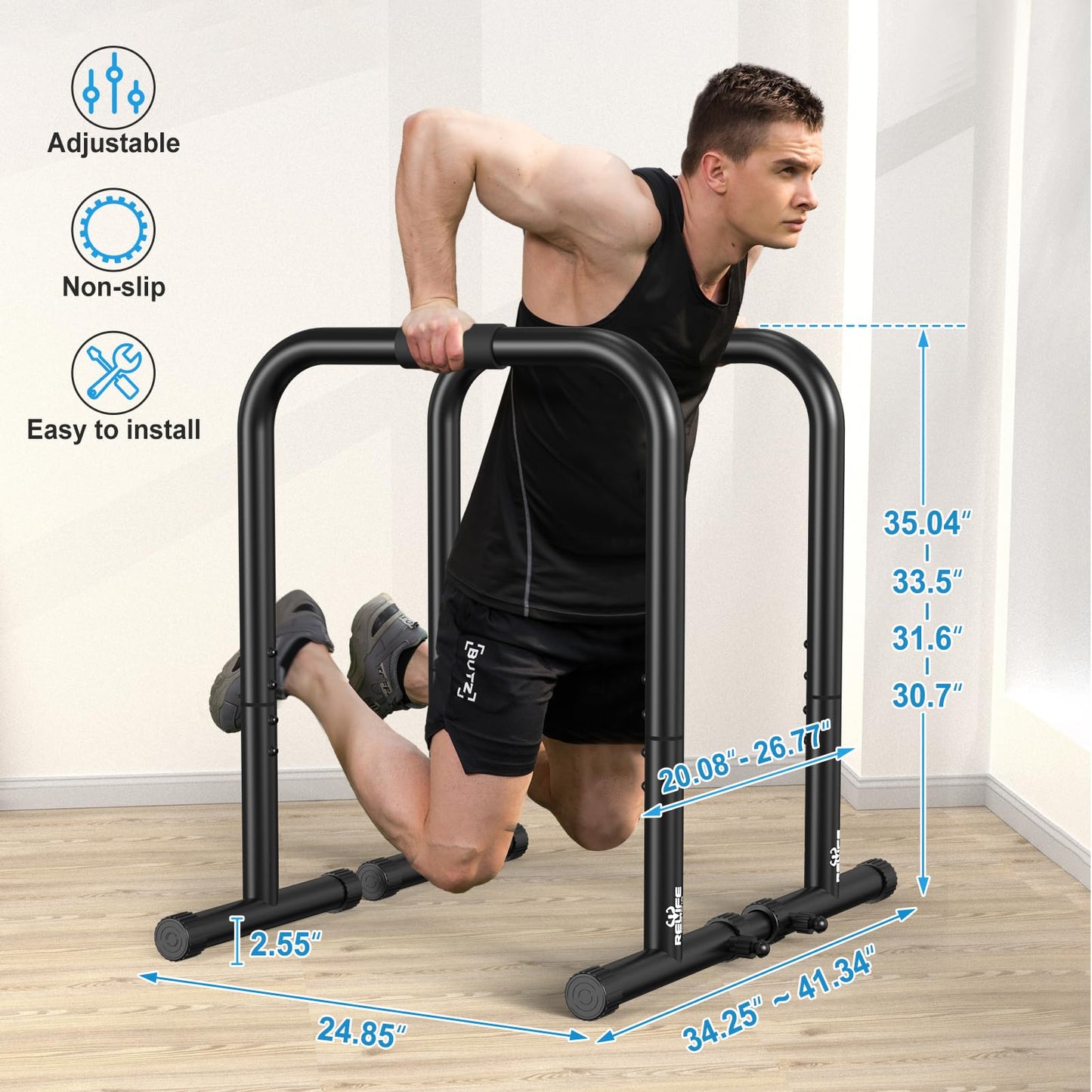 RELIFE REBUILD YOUR LIFE Dip bars &Dip Station Functional Heavy Duty Dip Stands Fitness Workout Dip bar Station Stabilizer Parallette Push Up Stand (Black)