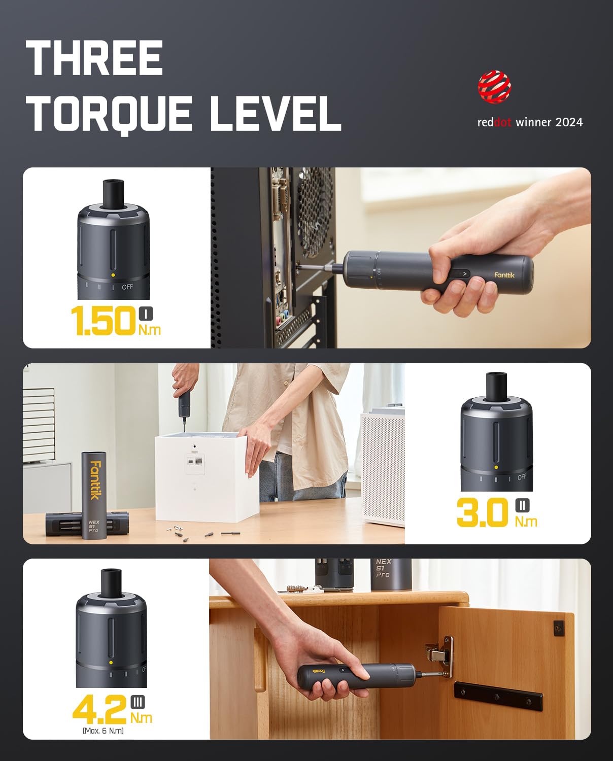 Fanttik S1 Pro 3.7V Electric Screwdriver, Power Screwdriver with16 S2 Steel Bits, 3 Torque Settings, Max 6 N.m, 2000mAh Battery, LED Light & 1/4''Hex, Ideal Tool for Furniture & Gaming PC