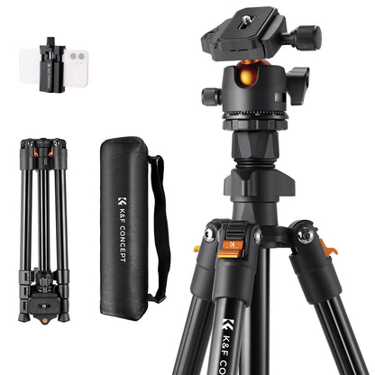 K&F Concept 64 inch/163cm Camera Tripod,Lightweight Travel Outdoor DSLR Tripods with 360 Degree Ball Head Load Capacity 8kg/17.6lbs,Cellphone Clip for Smartphone Live Streaming Vlog O234A1+BH-36