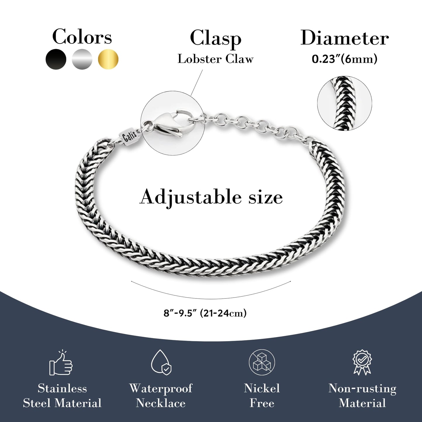 Galis Chain Bracelets For Men - Premium Stainless Steel Mens Bracelet, Silver Plated Non Tarnish Bracelet - This Snake Chain, Stylish Gifts For Him 7.5"