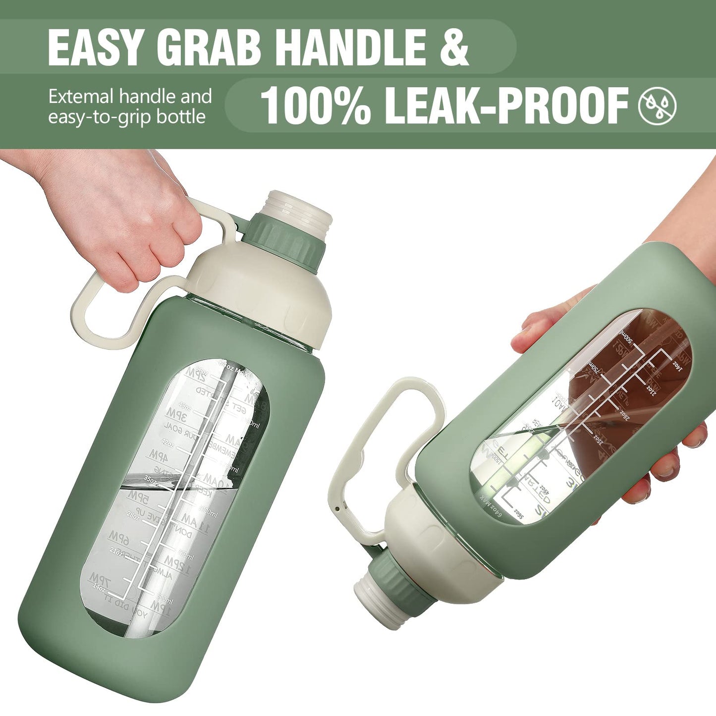 MUKOKO 64oz Glass Water Bottles with Straw, Half Gallon Water Jug with Time Marker, Sports Large Motivational Bottle with Silicone Sleeve, Olive