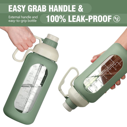 MUKOKO 64oz Glass Water Bottles with Straw, Half Gallon Water Jug with Time Marker, Sports Large Motivational Bottle with Silicone Sleeve, Olive