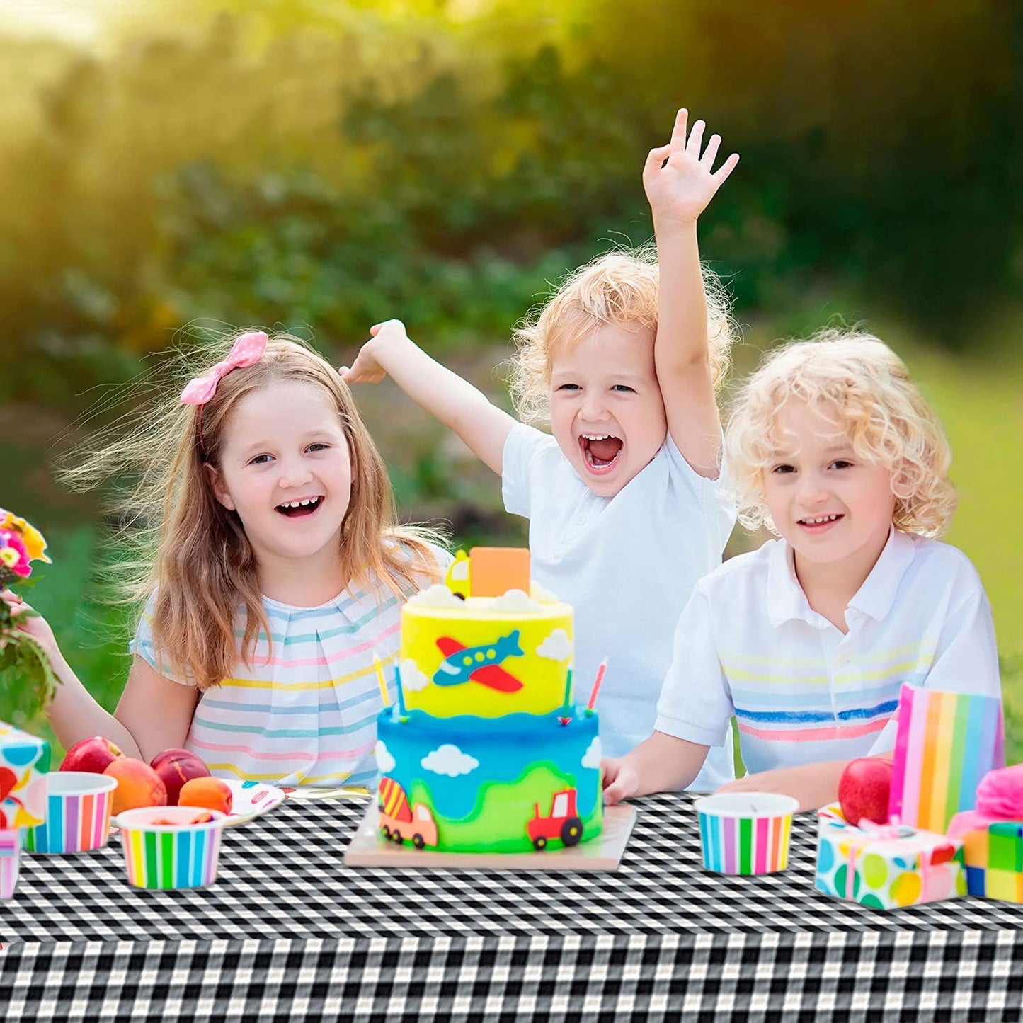 LINPRO 8ft Picnic Table Cover with Bench Covers Vinyl Fitted Picnic Table Covers with Elastic Camping Essentials and Picnic Tablecloth and RV Accessories with Bag