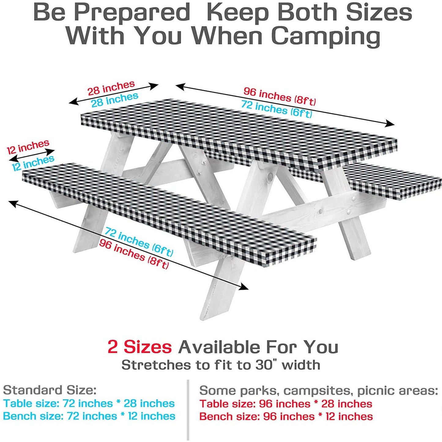 LINPRO 8ft Picnic Table Cover with Bench Covers Vinyl Fitted Picnic Table Covers with Elastic Camping Essentials and Picnic Tablecloth and RV Accessories with Bag