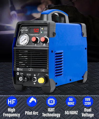 Plasma Cutter, 110/220V 1/2 Inch Clean Cut 3/4 Inch Max Cut with LED Display, Pilot Arc, Air Sensor, Post Flow