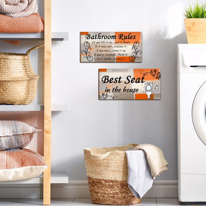 Lnond 2 Pieces Orange and Grey Bathroom Wall Decor, Abstract Wooden Hanging Bathroom Rules Wall Art, Farmhouse Toilet Rustic Bathroom Signs Decor Sets (12x 6 Inch)