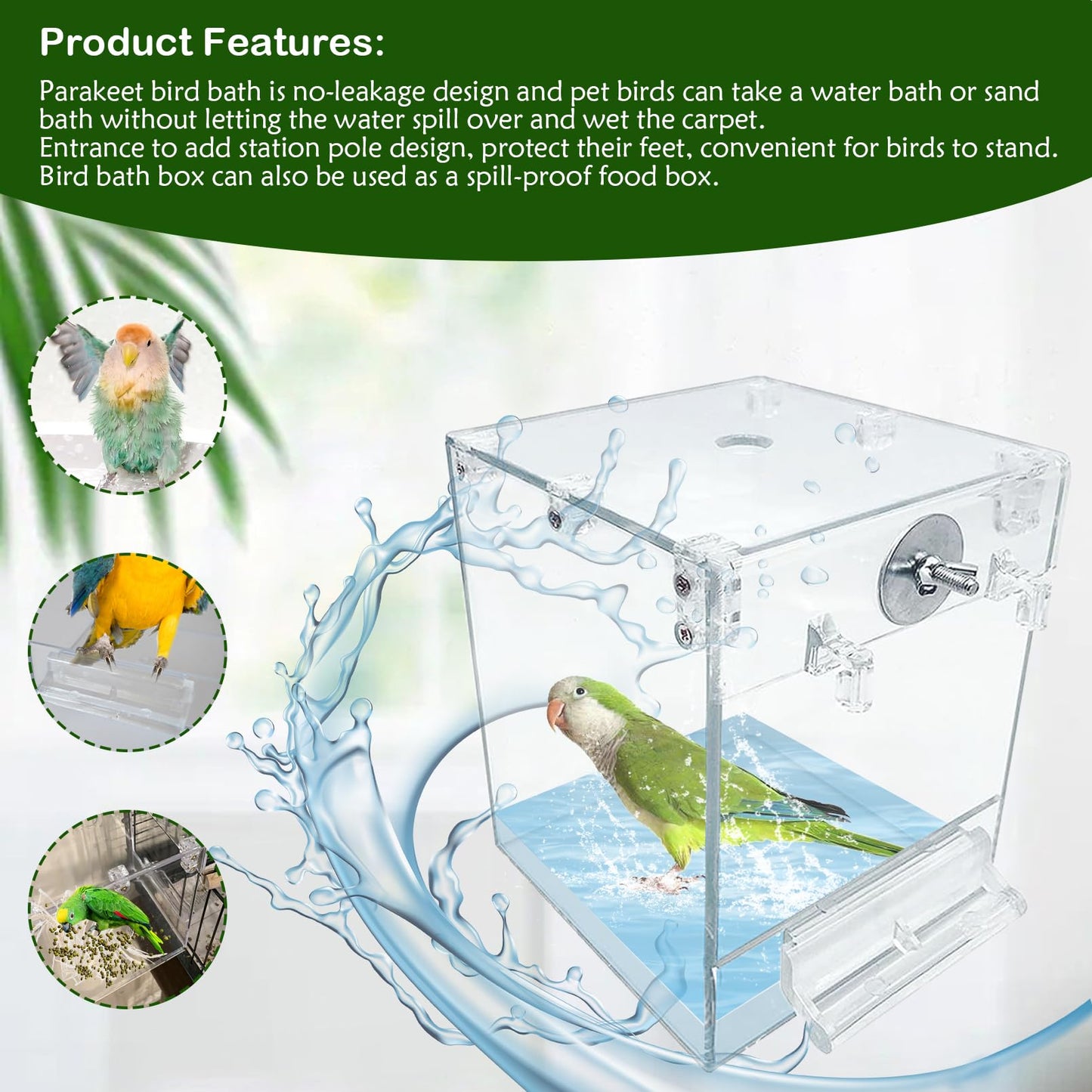 PINVNBY Bird Bath Box for Cage,Transparent Parakeet No-Leakage Bathtub Hanging Cube Tube Shower Box Cages Accessory with Water Injector and Balls Toys for Pet Birds Canary Parakeet Cockatoos (8 Pcs)