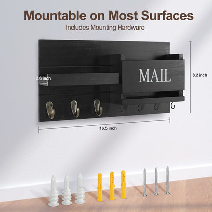 Lwenki Mail Organizer for Wall Mount – Key Holder with Shelf Includes Letter Holder and Hooks for Hallway Farmhouse Decor – Rustic Wood with Flush Mounting Hardware (16.5” x 9.1” x 3.4”) (Black)