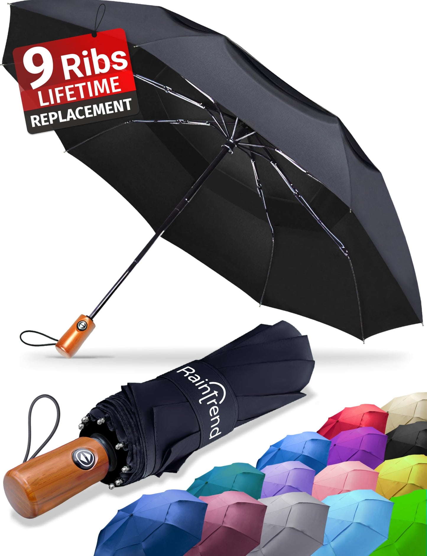 Premium Umbrellas for Rain Windproof Travel Automatic Open Close Large Canopy with Compact Folding Strong Lightweight Portable Umbrella for Car Backpack, Womens & Mens Umbrella - Black