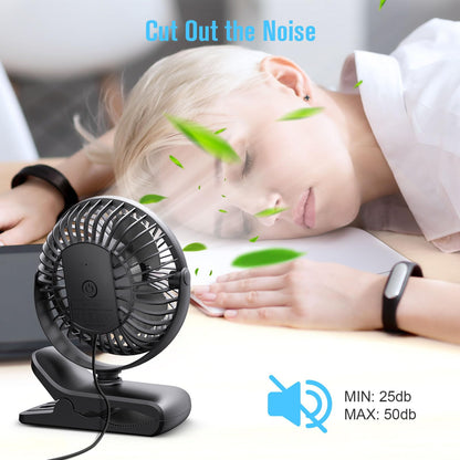 HONYIN 720° Rotation Small Desk & Clip on Fan with Sturdy Clamp, 3 Speeds, Quiet Little Personal Cooling Fan by USB Plug In, for Bedroom Office Desktop Treadmill