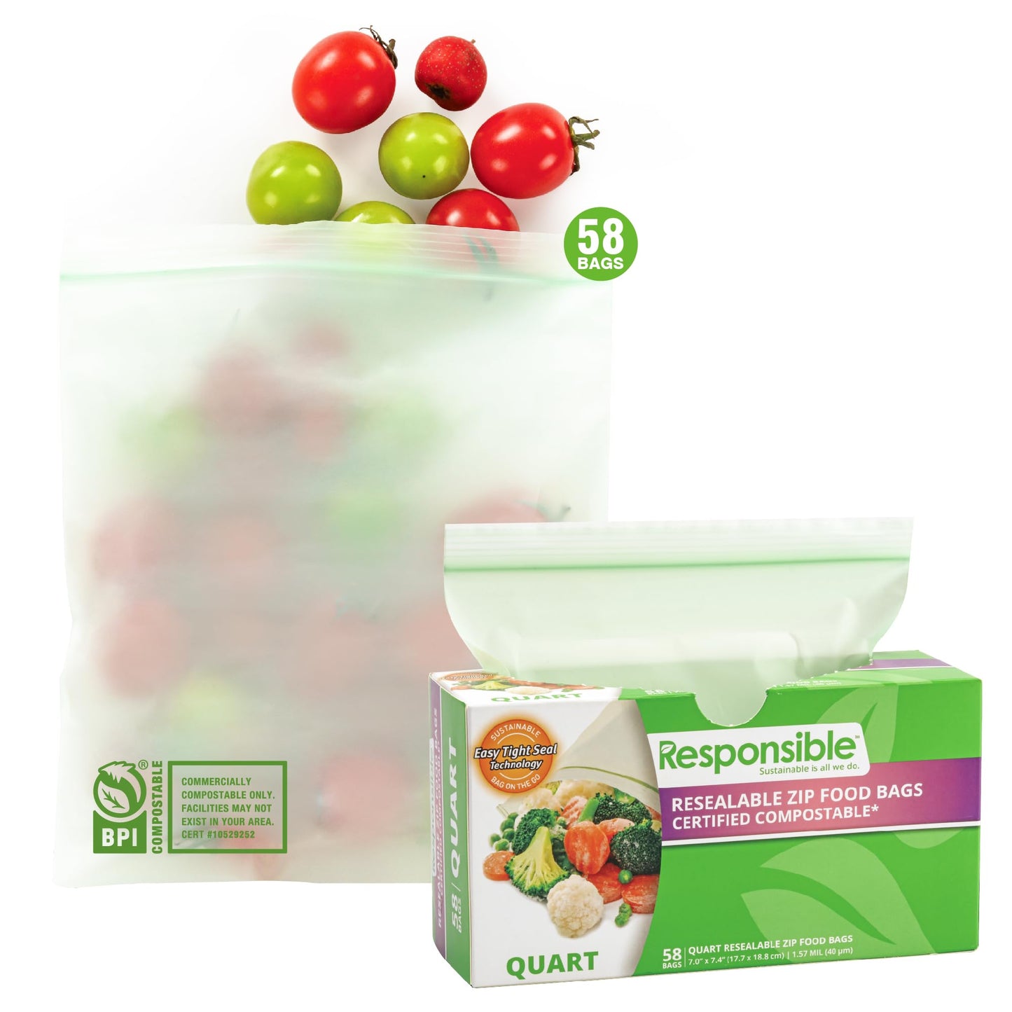 Responsible Products Certified Compostable QUART Resealable Zip Bag, Extra Strength Food Bags, Plant-Based Freezer-Safe (58 Pack)