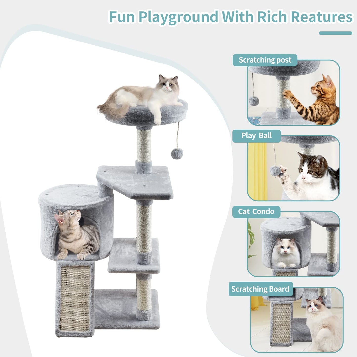 MIAO PAW Grey Cat Tree Tower for Indoor Cats Condo with Scratching Post Cat Tree for Large Medium Small Cat with Dangling Ball Stand for Kittens Activity Tower