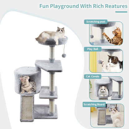 MIAO PAW Grey Cat Tree Tower for Indoor Cats Condo with Scratching Post Cat Tree for Large Medium Small Cat with Dangling Ball Stand for Kittens Activity Tower